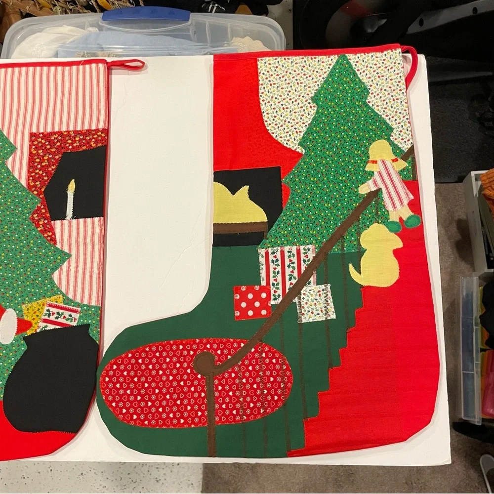 Vintage giant patchwork Christmas holiday stockings set of 2 patchwork cottage